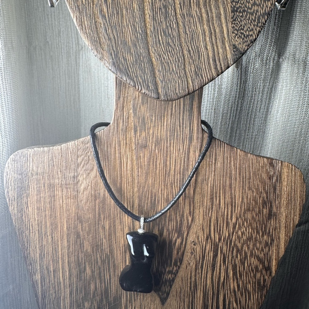 Black Obsidian Lady Body Pendant Necklace on Black Rope, Sterling Silver Bail - Picture 2 of 14